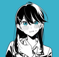 Rule 34 | 1girl, bite mark, bite mark on neck, black hair, blue background, blue eyes, blue theme, blush, collared shirt, commentary, greyscale with colored background, hair between eyes, hair ornament, hairclip, highres, kashikaze, lonely girl ni sakaraenai, long hair, long sleeves, looking at viewer, sakurai ayaka (lonely girl ni sakaraenai), shirt, simple background, solo, spot color, sweatdrop, upper body, wavy mouth