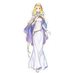 Rule 34 | 1girl, absurdres, blonde hair, blue eyes, breasts, cape, dress, female focus, fire emblem, fire emblem: the sacred stones, fire emblem heroes, full body, highres, hood, itou misei, long dress, long hair, long sleeves, medium breasts, natasha (fire emblem), nintendo, official art, parted bangs, simple background, solo, standing, transparent background, white background, white dress, white footwear