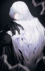 Rule 34 | 1boy, absurdres, bishounen, black background, black coat, black gloves, blurry, closed mouth, coat, crystal, cuts, depth of field, from behind, gin (food fantasy), gloves, hair ornament, hand on own shoulder, highres, holding, holding hair, injury, long hair, long sleeves, looking at viewer, losingmind, male focus, meitantei conan, no headwear, profile, shards, sideways glance, simple background, smoke, solo, sparkle, torn clothes, torn gloves, upper body, white gemstone, white hair, yellow eyes