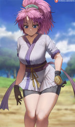 Rule 34 | 1girl, bike shorts, black gloves, black shorts, blue eyes, blue sky, blurry, blurry background, breasts, closed mouth, cloud, collarbone, commentary, day, eyelashes, gloves, high ponytail, highres, hunter x hunter, japanese clothes, kimono, large breasts, long hair, looking at viewer, machi komacine, needle, obi, outdoors, parted bangs, patreon logo, patreon username, pink hair, ribbon, sash, shexyo, short sleeves, shorts, sky, solo, standing, thighs, tree, watermark, wide hips, yellow ribbon