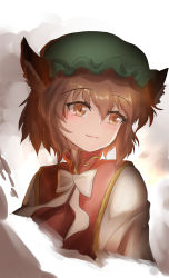 Rule 34 | 1girl, animal ear fluff, animal ears, blush, bow, bowtie, brown eyes, brown hair, cat ears, chen, closed mouth, commentary request, gold trim, green hat, grey background, hair between eyes, hat, highres, light smile, lips, looking afar, looking to the side, mob cap, namiki (remiter00), short hair, simple background, slit pupils, smoke, solo, touhou, upper body, white bow, white bowtie