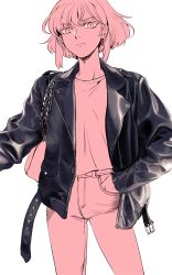 Rule 34 | 1boy, androgynous, bae (baebae), hand on own hip, highres, jacket, leather, leather jacket, lio fotia, male focus, monochrome, promare, sidelocks, solo