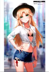 Rule 34 | 1girl, absurdres, blonde hair, blurry, blurry background, blush, bra, bracelet, breasts, buttons, cleavage, closed mouth, collarbone, day, fate/apocrypha, fate/grand order, fate (series), green eyes, hand up, hat, highres, jewelry, midriff, mordred (fate), mordred (fate/apocrypha), navel, necklace, o-ring, outdoors, scan, shorts, simple background, sleeves rolled up, small breasts, smile, stomach, tonee, underwear