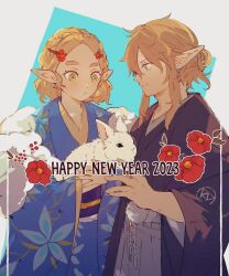 Rule 34 | 1boy, 1girl, 2023, animal, black kimono, blonde hair, blue kimono, chinese zodiac, earrings, floral print, flower, green eyes, hair between eyes, hair flower, hair ornament, hair up, happy new year, highres, holding, holding animal, japanese clothes, jewelry, kimono, link, long sleeves, medium hair, new year, nintendo, parted lips, pointy ears, princess zelda, print kimono, rabbit, sidelocks, silent princess, ten 1397xx, the legend of zelda, the legend of zelda: breath of the wild, thick eyebrows, upper body, wide sleeves, year of the rabbit