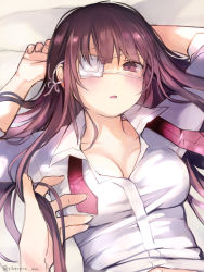 Rule 34 | 1girl, absurdres, artist name, breasts, brown hair, cleavage, hand in own hair, highres, long hair, lying, medium breasts, navel, necktie, unworn necktie, on back, original, purple eyes, shirt, uniform, upper body, white shirt, yukari (rihenara doll)