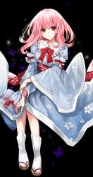 Rule 34 | 1girl, bad id, bad pixiv id, blood, blood on clothes, blood on hands, blue kimono, bow, bug, butterfly, chano, cherry blossom print, floral print, frilled shirt collar, frills, full body, geta, highres, holding own arm, insect, japanese clothes, kimono, long sleeves, looking at viewer, neck ribbon, pink hair, purple butterfly, red bow, red eyes, red ribbon, red sash, ribbon, ribbon-trimmed sleeves, ribbon trim, saigyouji yuyuko, sash, short hair, solo, touhou, wavy hair, white legwear, wide sleeves