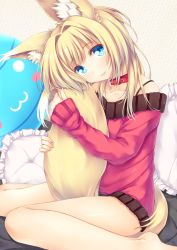 Rule 34 | 1girl, animal ears, bare legs, blonde hair, blue eyes, collar, collarbone, fang, fang out, fox ears, fox tail, frilled pillow, frills, head tilt, hugging own tail, hugging tail, long hair, looking at viewer, original, pillow, rayn, sitting, smile, solo, tail, wariza