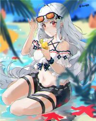 Rule 34 | 1girl, absurdres, adjusting eyewear, ahoge, arknights, bad id, bad pixiv id, bare shoulders, beach, black shorts, blue sky, blurry, blurry background, blurry foreground, blush, chromatic aberration, commentary, cup, drinking glass, eyewear on head, food, fruit, hand up, highres, holding, holding cup, lemon, lemon slice, leucip, long hair, looking at viewer, midriff, navel, no headwear, ocean, off-shoulder shirt, off shoulder, official alternate costume, orange-tinted eyewear, palm leaf, parted lips, red eyes, revision, shirt, short shorts, short sleeves, shorts, silver hair, simple background, sitting, skadi (arknights), skadi (waverider) (arknights), sky, solo, stomach, sunglasses, sweat, thigh strap, thighs, tinted eyewear, very long hair, white background, white shirt, yokozuwari