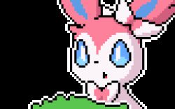 Rule 34 | ^ ^, animal focus, animated, animated gif, blue sclera, bow, bowtie, closed eyes, colored sclera, commission, creatures (company), game freak, gen 6 pokemon, hair bow, happy, leaf, leaning forward, looping animation, lowres, nintendo, no humans, open mouth, outline, pink bow, pink bowtie, pixel art, pokemon, pokemon (creature), portrait, sideways mouth, smile, solo, sylveon, transparent background, white eyes, white outline, wisgarus