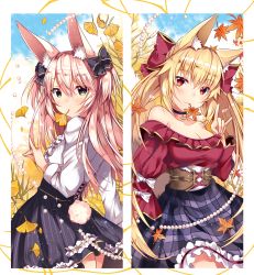 Rule 34 | 1girl, 2girls, animal ear fluff, animal ears, autumn, autumn leaves, bare shoulders, blonde hair, bow, breasts, rabbit ears, choker, cleavage, fox ears, fox tail, green eyes, hair bow, highres, mouth hold, multiple girls, original, outdoors, red eyes, standing, tail, twintails, usagihime