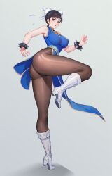 Rule 34 | 1girl, absurdres, ass, bare shoulders, black hair, blue eyes, boots, bracelet, breasts, capcom, chinese clothes, chun-li, commentary request, dark night (darkotl), double bun, dress, fighting stance, fingernails, full body, gold trim, grey background, hair bun, high heel boots, high heels, highres, jewelry, knee boots, leg up, legs, lips, long legs, looking at viewer, medium breasts, panties, panties under pantyhose, pantyhose, pelvic curtain, shadow, shiny clothes, short dress, simple background, sleeveless, solo, spiked bracelet, spikes, street fighter, street fighter ii (series), underwear