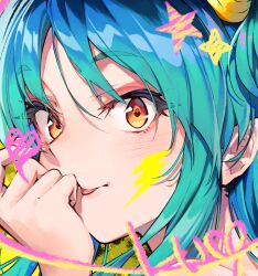 Rule 34 | 1girl, black cola, blue hair, blush, brown eyes, close-up, closed mouth, commentary request, green hair, hand up, heart, highres, horns, long hair, looking at viewer, lum, portrait, solo, star (symbol), thick eyebrows, tongue, tongue out, urusei yatsura