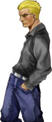 Rule 34 | 1boy, black shirt, blonde hair, blue pants, closed mouth, commentary request, from side, hand in pocket, highres, koorogi (misstext), long sleeves, m.u.g.e.n, male focus, pants, shirt, short hair, simple background, solo focus, suave dude, sunglasses, white background