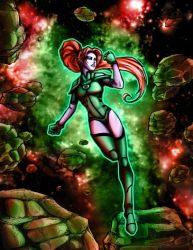 Rule 34 | 1girl, alien, blue eyes, capelet, colored skin, dc comics, flying, gloves, green lantern, green lantern (series), jewelry, laira omoto, leotard, orange hair, pink skin, pointy ears, ponytail, ring, solo, thighhighs
