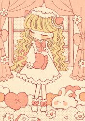 Rule 34 | 1girl, blonde hair, blush, bow, bow legwear, bowtie, closed eyes, curtains, dress, flower, food-themed hair ornament, full body, hair ornament, highres, holding, holding pillow, irozaki ihachi, limited palette, long hair, long sleeves, original, pillow, rabbit, red bow, red bowtie, socks, solo, standing, strawberry hair ornament, wavy hair, white dress, white flower, white headwear, white socks, window
