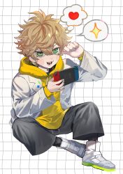 Rule 34 | 1boy, absurdres, black pants, blonde hair, blush, commentary request, desuhiko thunderbolt, full body, green eyes, hair between eyes, hand up, handheld game console, heart, highres, holding, holding handheld game console, hood, hood down, hoodie, jacket, long sleeves, looking at viewer, male focus, master detective archives: rain code, nintendo switch, open mouth, pants, shoes, short hair, sitting, smile, sneakers, solo, sparkle, speech bubble, spoken heart, star (symbol), star in eye, suzumetarou, symbol in eye, white background, white footwear, white jacket, yellow hoodie