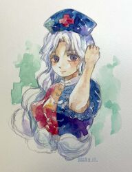 Rule 34 | 1girl, absurdres, arm above head, blue hat, dated, frilled sleeves, frills, hat, highres, looking at viewer, one-hour drawing challenge, painting (medium), shiroma (mamiko), touhou, traditional media, watercolor (medium), white background, yagokoro eirin
