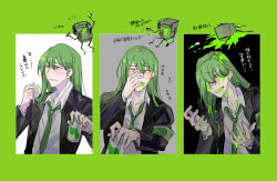 1boy black_jacket can collared_shirt enkephalin_(project_moon) green_background green_hair holding holding_can jacket ko_bammm lapels lobotomy_corporation long_hair long_sleeves multiple_views netzach_(project_moon) notched_lapels open_mouth project_moon shirt simple_background smile upper_body very_long_hair white_shirt