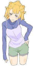 Rule 34 | 1girl, absurdres, bad id, bad twitter id, blonde hair, blue shirt, blunt bangs, blush, camisole, closed mouth, cowboy shot, cropped legs, donguri suzume, frown, green shorts, hair bun, hand on own hip, highres, jitome, leaning forward, long sleeves, looking at viewer, shirt, short hair, shorts, simple background, single hair bun, solo, standing, white background