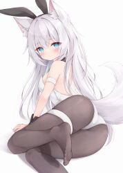 Rule 34 | 1girl, animal ear fluff, animal ears, ass, bare shoulders, black pantyhose, blue eyes, blush, breasts, detached collar, dog ears, dog girl, dog tail, expressionless, fake animal ears, feet, from behind, highres, legs, leotard, long hair, looking at viewer, looking back, lying, medium breasts, mochizuki riku, no shoes, on side, original, pantyhose, playboy bunny, rabbit ears, sideboob, soles, solo, strapless, strapless leotard, tail, thigh strap, thighs, toes, white hair, white leotard