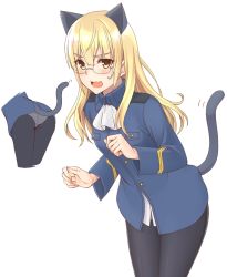Rule 34 | 1girl, animal ears, ass, black pantyhose, blonde hair, blush, breasts, cat ears, cat tail, glasses, long hair, looking at viewer, military, military uniform, momiji7728, multiple views, neckerchief, open mouth, panties, pantyhose, perrine h. clostermann, shiny clothes, simple background, small breasts, standing, strike witches, sweat, tail, tongue, underwear, uniform, wavy mouth, white background, white neckerchief, white panties, world witches series, yellow eyes