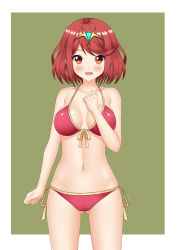 Rule 34 | 1girl, :d, absurdres, bad id, bad pixiv id, bare shoulders, bikini, blush, border, breasts, brown eyes, brown hair, clenched hands, collarbone, crystal earrings, earrings, framed, front-tie top, gluteal fold, gradient eyes, highres, jewelry, keshigomu, medium breasts, multicolored eyes, navel, nintendo, open mouth, orange eyes, outside border, pink bikini, pyra (xenoblade), red hair, shiny clothes, shiny skin, short hair, side-tie bikini bottom, simple background, smile, solo, standing, swimsuit, tiara, white border, xenoblade chronicles (series), xenoblade chronicles 2