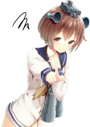 Rule 34 | 10s, 1girl, binoculars, brown eyes, brown hair, cowboy shot, dress, erio patrol, hand on own chest, headgear, highres, kantai collection, looking at viewer, pointing, pointing at viewer, sailor dress, short hair, solo, squiggle, white background, yukikaze (kancolle)