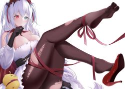 Rule 34 | 1girl, absurdly long hair, absurdres, azur lane, belt, black belt, black gloves, blue eyes, bound, breasts, brown pantyhose, cleavage, detached sleeves, dress, elbing (azur lane), elbing (the throne of misfortune) (azur lane), gloves, hairband, heterochromia, high heels, highres, large breasts, long hair, looking at viewer, manjuu (azur lane), official alternate costume, oxygen mask (oxygenmask233), pantyhose, red eyes, red footwear, red hairband, red ribbon, ribbon, simple background, soles, solo, tied up (nonsexual), toes, torn clothes, torn pantyhose, very long hair, white background, white dress