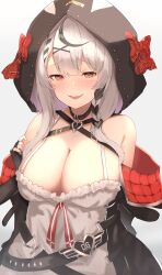 Rule 34 | 1girl, absurdres, animal hood, arms behind back, belt, belt collar, black belt, black collar, black hair, black jacket, braid, breasts, camisole, cleavage, collar, commentary request, grey hair, hair ornament, hairpin, highres, hololive, hood, jacket, large breasts, looking at viewer, multicolored hair, orca hood, red eyes, red jacket, sakamata chloe, sakamata chloe (1st costume), single braid, smile, solo, streaked hair, taruto (taruto0918), two-sided fabric, two-sided jacket, virtual youtuber, white background, white camisole, x hair ornament