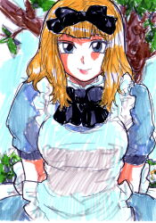 1girl alice_(alice_in_wonderland) alice_in_wonderland arms_behind_back black_bow blonde_hair blue_dress blue_eyes bow breasts cloud dress hair_bow hepburn_(pixiv_1033192) long_hair looking_at_viewer marker_(medium) medium_breasts puffy_sleeves short_sleeves sky smile standing traditional_media tree