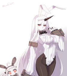 Rule 34 | 10s, 2girls, abyssal ship, adapted costume, ajino (sakanahen), animal ears, bare shoulders, black legwear, breasts, claws, colored skin, covered erect nipples, detached collar, fake animal ears, horns, kantai collection, large breasts, leotard, long hair, mittens, multiple girls, northern ocean princess, pale skin, pantyhose, playboy bunny, rabbit ears, red eyes, ribbed leotard, seaport princess, single horn, very long hair, white hair, white skin