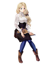 Rule 34 | 1girl, absurdres, blonde hair, blue eyes, blue pantyhose, bow, breasts, closed mouth, fire emblem, fire emblem: three houses, full body, garreg mach monastery uniform, hair bow, highres, large breasts, long hair, long sleeves, low ponytail, mercedes von martritz, nintendo, pantyhose, simple background, solo, tamamon, uniform, white background