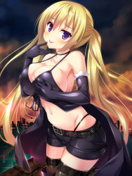 Rule 34 | 10s, 1girl, belt, black gloves, black panties, blonde hair, blush, boots, breasts, choker, cityscape, cleavage, elbow gloves, female focus, gloves, hand on own chest, hatsu, highleg, highleg panties, huge breasts, lieselotte sherlock, long hair, looking at viewer, navel, panties, purple eyes, shorts, smile, solo, strap gap, thigh boots, thighhighs, tongue, tongue out, trinity seven, twintails, underwear, very long hair, zettai ryouiki