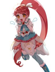 Rule 34 | 1girl, :d, blue footwear, blue thighhighs, boots, drawn wings, dress, gloves, hands up, index finger raised, kira (kiratwins), long hair, looking at viewer, open mouth, ponytail, pretty series, pripara, puffy short sleeves, puffy sleeves, red hair, shiratama mikan, short sleeves, sidelocks, simple background, smile, solo, standing, standing on one leg, thighhighs, third-party source, very long hair, white background, white dress, white gloves, yellow eyes