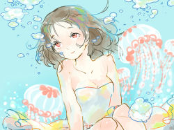 Rule 34 | 1girl, air bubble, blue background, brown hair, bubble, colorful, dress, jellyfish, original, pink eyes, smile, solo, strapless, strapless dress, tsukia, underwater