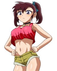 Rule 34 | 1girl, bakusou kyoudai let&#039;s &amp; go!!, bakusou kyoudai let&#039;s &amp; go!! max, blue eyes, breasts, brown hair, hair ribbon, hands on own hips, highres, jewelry, large breasts, legs, looking at viewer, midriff, navel, necklace, oogami marina, open mouth, ribbon, shorts, tank top, thighs, twintails