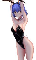 Rule 34 | 1girl, animal ears, armpits, arms up, black leotard, blue hair, blush, bob cut, breasts, collarbone, detached collar, fake animal ears, fake tail, gluteal fold, groin, hairband, highleg, highleg leotard, highres, leotard, looking at viewer, medium breasts, n9at, neck ribbon, original, pantyhose, playboy bunny, rabbit ears, rabbit tail, ribbon, shiny clothes, short hair, simple background, solo, standing, strapless, strapless leotard, tail, yellow eyes