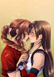 Rule 34 | 2girls, absurdres, aerith gainsborough, black hair, blush, breasts, brown hair, couple, eye contact, face-to-face, final fantasy, final fantasy vii, final fantasy vii remake, grin, holding hands, highres, imminent kiss, iwonn, looking at another, medium breasts, multiple girls, parted lips, smile, surprised, tifa lockhart, yuri