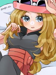 Rule 34 | 1girl, arm up, black shirt, black thighhighs, blonde hair, blush, breasts, commentary request, creatures (company), eyelashes, eyewear on headwear, game freak, glasses, grey eyes, hand in own hair, hand up, hat, long hair, lying, medium breasts, nintendo, on back, on bed, open mouth, pink hat, pokemon, pokemon xy, rain (tonight 862), red skirt, serena (pokemon), shirt, skirt, sleeveless, sleeveless shirt, sunglasses, thighhighs, twitter username, wavy hair, white-framed eyewear
