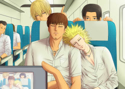 Rule 34 | 5boys, bad id, bad pixiv id, black hair, blonde hair, brown hair, bus, camera, character request, facial hair, facing viewer, head on another&#039;s shoulder, ideguchi satoshi, index finger raised, jewelry, motor vehicle, multiple boys, naji 0337, necklace, one outs, pocket, shirt, sitting, sleeping, spiked hair, tokuchi toua, white shirt