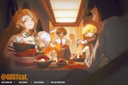 Rule 34 | 6+girls, absurdres, black hair, blonde hair, bowl, brown hair, chicken (food), chopsticks, closed eyes, closed mouth, don quixote (project moon), eating, faust (project moon), food, fried chicken, gostcat, highres, holding, holding chopsticks, indoors, ishmael (project moon), limbus company, multiple girls, necktie, noodles, open mouth, orange hair, outis (project moon), project moon, red necktie, rice, rodion (project moon), ryoshu (project moon), short hair, sitting, smile, sparkling eyes, table, twitter username, white hair, yellow eyes