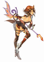 Rule 34 | 1girl, armor, back, boots, brown eyes, brown hair, female focus, flyff, full body, highres, horns, short hair, solo, staff, thigh strap, wand