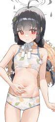 Rule 34 | 1girl, absurdres, ahoge, bare shoulders, belly grab, bikini, black hair, blue archive, blush, braid, choker, closed mouth, collarbone, commentary, cowboy shot, flat chest, floral print, halo, hat, highres, kustaru, lace-trimmed choker, lace trim, long hair, looking at viewer, miyu (blue archive), miyu (swimsuit) (blue archive), navel, official alternate costume, pinching, red eyes, simple background, solo, stomach, sun hat, sweatdrop, swimsuit, twin braids, white background, white bikini, white choker