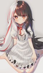 Rule 34 | ahoge, barefoot, black hair, blush, bow, closed mouth, dress, frilled dress, frills, grey bow, long hair, moti yousei, multicolored hair, nijisanji, puffy short sleeves, puffy sleeves, red bow, red eyes, red hair, short sleeves, sitting, solo, split-color hair, striped clothes, striped dress, two-tone hair, vertical-striped clothes, vertical-striped dress, very long hair, virtual youtuber, wariza, white dress, white hair, yorumi rena, yorumi rena (1st costume)