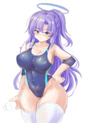 Rule 34 | 1girl, absurdres, black one-piece swimsuit, blue archive, blue eyes, blush, bottle, breasts, cleavage, collarbone, commentary request, competition swimsuit, covered navel, curvy, grey background, halo, hand on own hip, highres, holding, holding bottle, large breasts, long hair, looking at viewer, mechanical halo, one-piece swimsuit, purple hair, sidelocks, simple background, solo, standing, star sticker, sticker on face, swimsuit, thick thighs, thighhighs, thighs, tong shui, two side up, water bottle, wide hips, yuuka (blue archive)