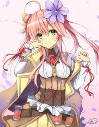 Rule 34 | 1girl, ahoge, ascot, belt, bow, closed mouth, corset, cowboy shot, double bun, dress, flower, flower knight girl, frills, green eyes, hair bow, hair bun, hair flower, hair ornament, long hair, looking at viewer, petals, pink background, pink hair, red ascot, saffron (flower knight girl), signature, smile, solo, suzume (simple0091), twintails, yellow bow