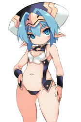 Rule 34 | 1girl, black panties, blue eyes, blue hair, cameltoe, cleavage cutout, clothing cutout, female focus, hand on own hip, hat, hellmatio, karukan (monjya), navel, panties, pointy ears, shinrabanshou, simple background, solo, underwear, white background