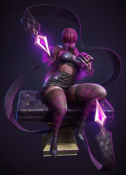 Rule 34 | 1girl, 3d, absurdres, bare shoulders, breasts, claws, crop top, day, evelynn (league of legends), feather boa, fishnet thighhighs, fishnets, full body, glasses, glowing, halterneck, high-waist skirt, high heels, highres, idol, k/da (league of legends), k/da evelynn, large breasts, league of legends, long hair, looking over eyewear, looking over glasses, panties, pantyshot, pince-nez, pink-tinted eyewear, pink-tinted glasses, purple hair, purple panties, red eyes, sideboob, sitting, skirt, solo, sunglasses, thick thighs, thighhighs, thighs, tinted eyewear, travis ngov, ultraviolet light, underwear