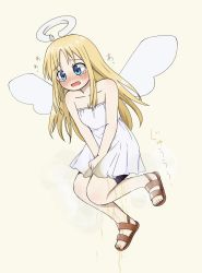 Rule 34 | 1other, amaya, angel, angel wings, between legs, bike shorts, black shorts, blonde hair, blue eyes, blush, broken halo, crimvael, dress, halo, hand between legs, highres, ishuzoku reviewers, japanese text, long hair, open mouth, peeing, peeing self, sandals, shorts, tearing up, toga, wet, wet clothes, white dress, wings