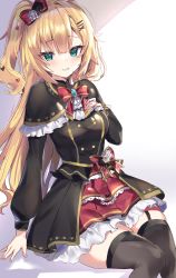 Rule 34 | 1girl, akai haato, akai haato (gothic lolita), aqua eyes, blonde hair, blush, bow, bowtie, breasts, capelet, dress, frills, garter straps, gothic lolita, hair bow, hair ornament, heart, heart hair ornament, highres, hololive, lolita fashion, long hair, looking at viewer, medium breasts, parted lips, petticoat, puffy sleeves, ribbon, sitting, skirt, smile, solo, thighhighs, two side up, very long hair, virtual youtuber, warayanuko